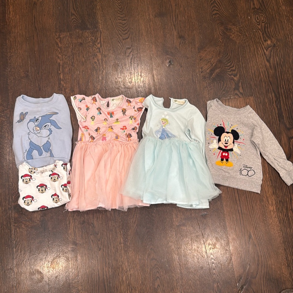 Bundle of 2T Disney themed clothes. Brands include Monica and Andy and Gap.